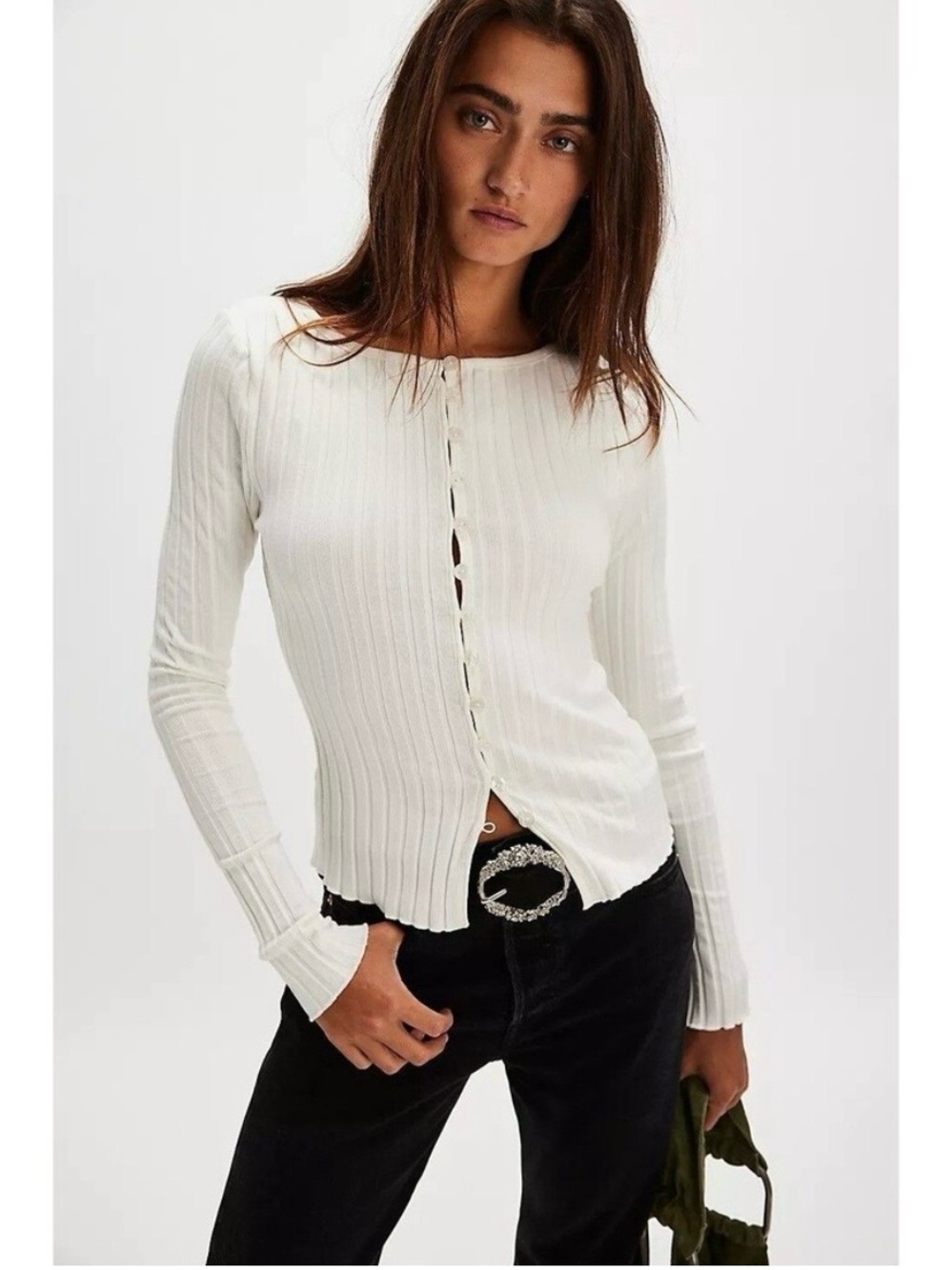 Free People Tilly Long-Sleeve Cardi Blouse Top Knit Ribbed Button-down Sz XS